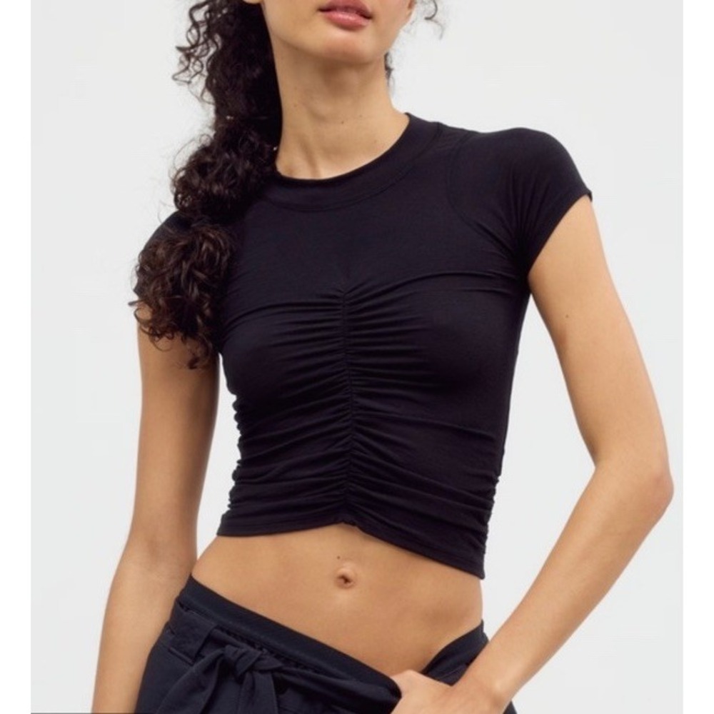 Free People Tempo Ruched Short Sleeve Black NWT SIZE S